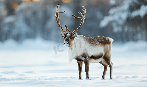 拉普兰冬雪时节的驯鹿肖像