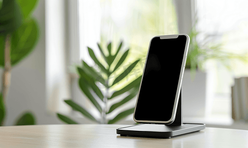 手机支架桌黑色铝金属与智能手机孤立在白色