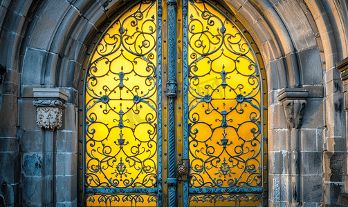 中世纪城堡黄色玻璃门细节