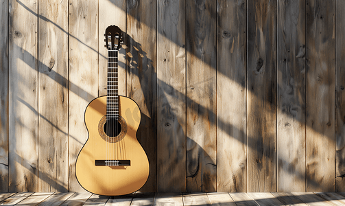 古典吉他立在木墙上