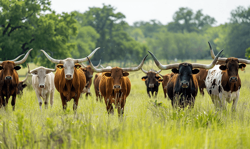 一群长角公牛在草地上吃草