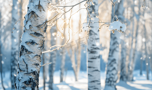 雪树枝和白桦林