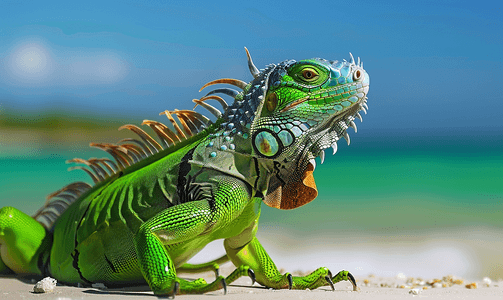 墨西哥的绿鬣蜥在海滩有复制空间