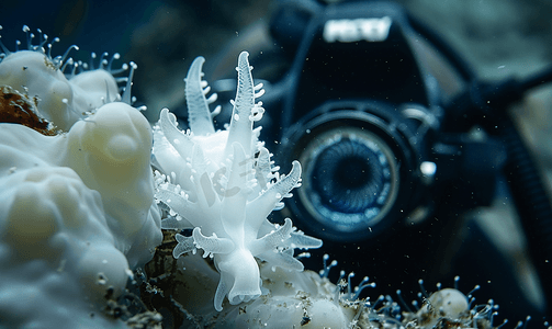回弹海绵摄影照片_白色裸鳃亚目附近的水下摄影师装备
