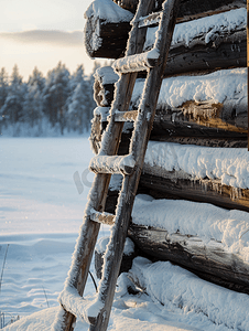 冬天拉普兰木屋上的梯子