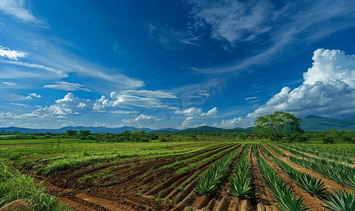 龙舌兰田新种植的田地多云和蓝天田地周围的树木