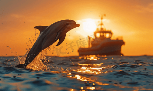 日落时分海豚在船前跳跃