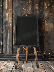 软木背景摄影照片_木制背景上的黑色空标志板