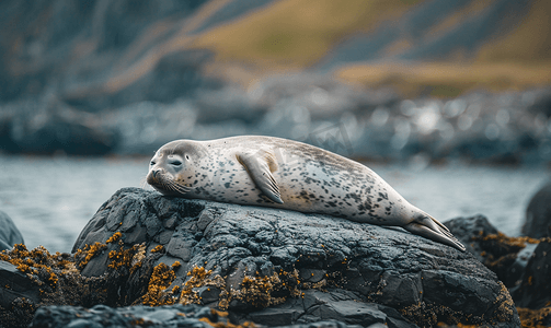 冰岛的一块岩石上一只海豹正在休息