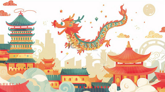 卡通中国龙塔楼合成创意素材背景