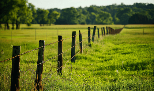 绿草地和干燥地区带刺铁丝网的柱子围栏限制了土地