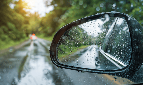 湿玻璃后汽车后视镜雨中道路景观行程详情