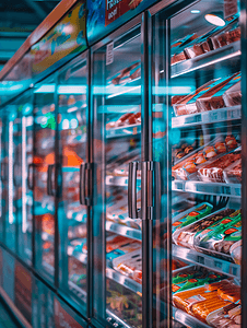 早安卖场摄影照片_超市商用冰箱冰柜展示冷冻食品抽象模糊背景