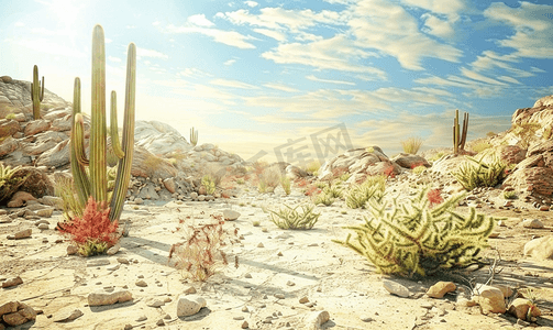 墨西哥沙漠景观背景为石头和仙人掌