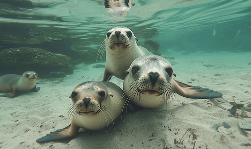 海豹家庭加利福尼亚海狮在水下放松