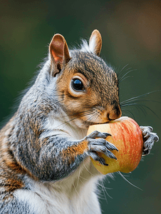 卡通苹果红色摄影照片_一只灰松鼠正在吃苹果