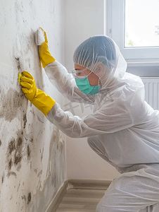 灰墙壁摄影照片_用刷子清除房间墙壁上的霉菌