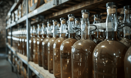 酒厂储存容器内密封玻璃瓶的特写