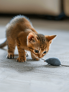 一只有趣的阿比西尼亚小猫在客厅里玩老鼠
