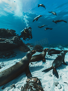 摄影师潜水员在水下接近海狮家族