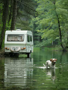 绿色池塘有游泳的狗和旅行拖车