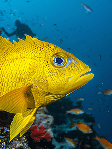 阿里山的姑娘摄影照片_潜水员在马尔代夫潜水时进入黄色鲷鱼科