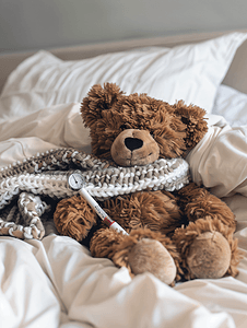 包装图片摄影照片_棕色泰迪熊在带温度计躺床上的围巾
