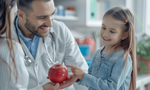 小男生在洗澡摄影照片_保健 儿童医学男医生给个微笑的小女孩苹果