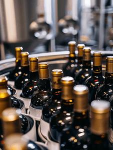 洋河酒厂摄影照片_酒厂酿酒过程中排列在金属容器中的瓶子