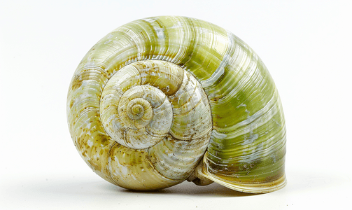 中华白海豚摄影照片_分离的海软体动物蜗牛的绿色螺旋壳