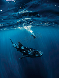 接近开关摄影照片_鲸鲨在水下接近深蓝色大海中一艘船下的水肺潜水员