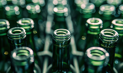 酒厂储存容器中排列的包装酒玻璃瓶的特写