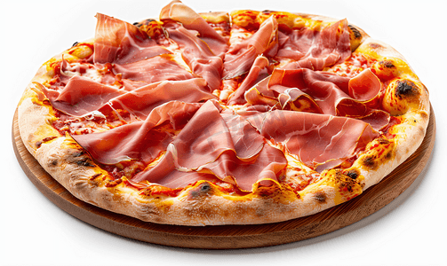 白色背景中的意大利熏火腿或帕尔马火腿披萨