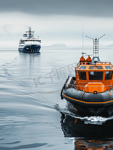凯夫拉ai摄影照片_冰岛一艘小型救生艇靠近一艘大型船只