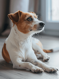 中动物简笔画国摄影照片_地板上的狗小型犬动物在家