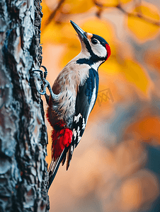 大斑啄木鸟在森林里的树上觅食背景模糊