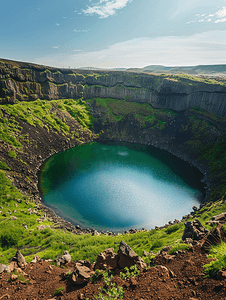 水池摄影照片_冰岛火山口的凯里德湖景观