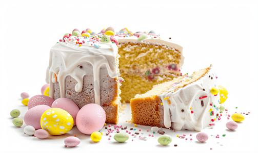十条禁令摄影照片_复活节蛋糕和切片孤立在白色
