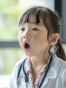 年青的亚洲女孩张开嘴让医生在诊