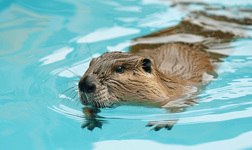 游泳时孤立的海狸海狸
