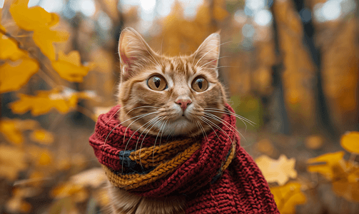 秋季森林里戴围巾的猫