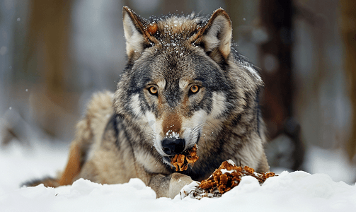 灰太狼在森林背景中吃东西