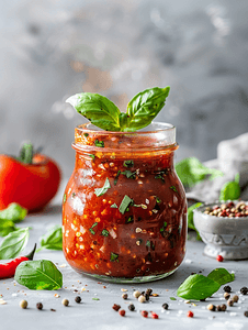 玻璃罐配自制经典辣番茄意大利面或披萨酱配香料和香草