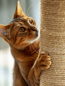 一只阿比西尼亚猫在猫抓柱上磨爪子