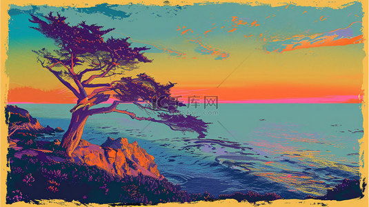松树海面傍晚合成创意素材背景