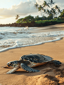 夏威夷海滩上的绿海龟