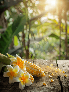 晨曦摄影照片_旧木头上的新鲜玉米和花朵鸡蛋花晨曦中美丽的玉米后部