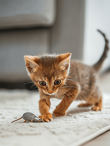 一只有趣的阿比西尼亚小猫在客厅里玩老鼠