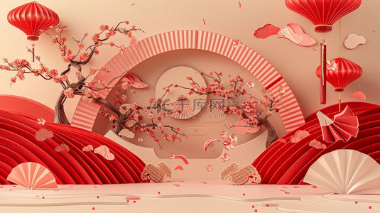 红色纸扇鲜花合成创意素材背景