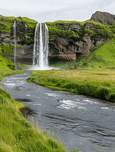 壶口瀑布手绘摄影照片_绿色河岸和塞里雅兰瀑布